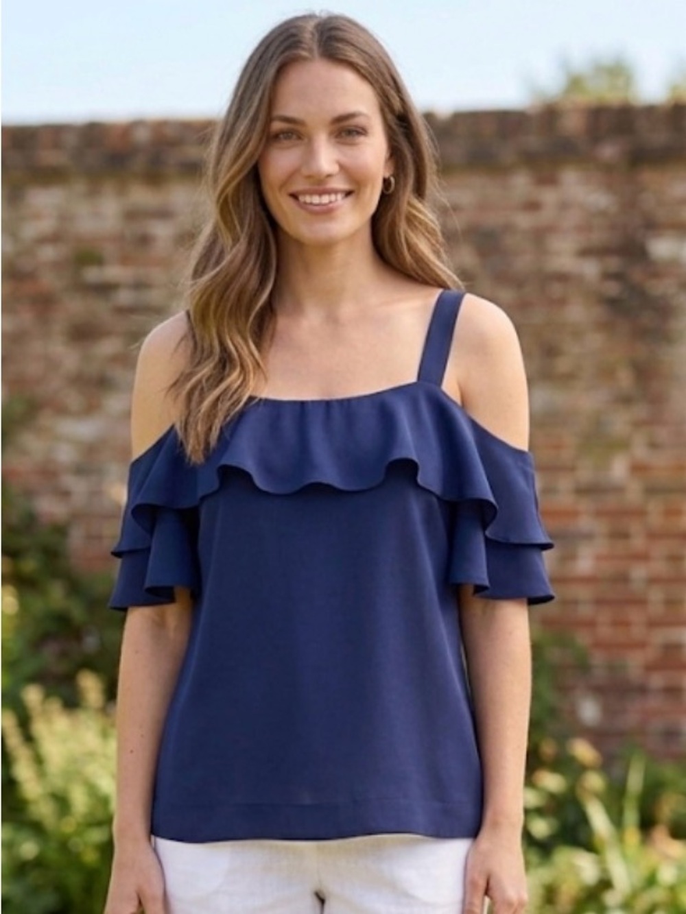 JADE - Navy Cold-Shoulder Ruffle Blouse -size Medium - NWT